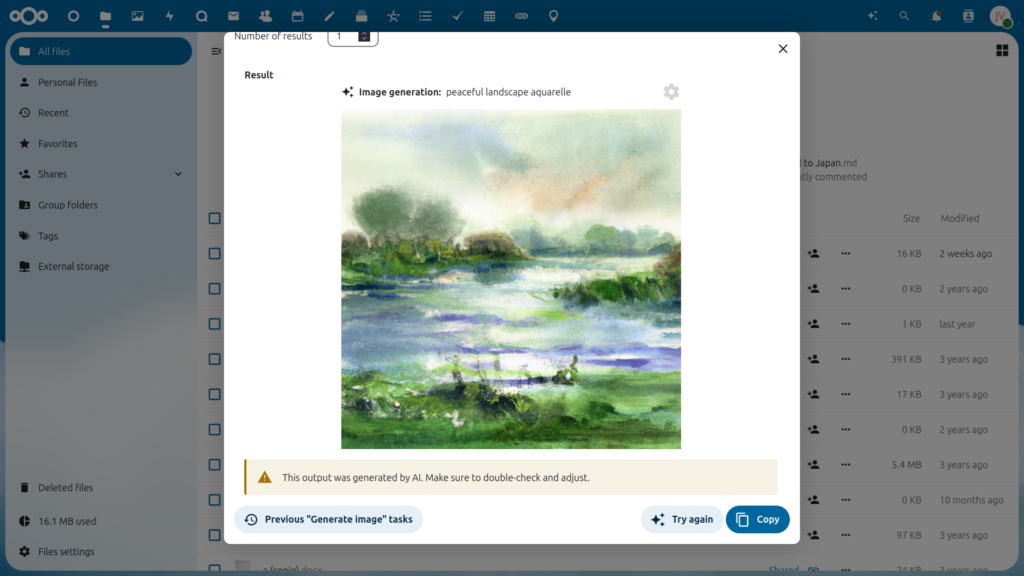 Nextcloud AI Assistant showing text-to-image results
