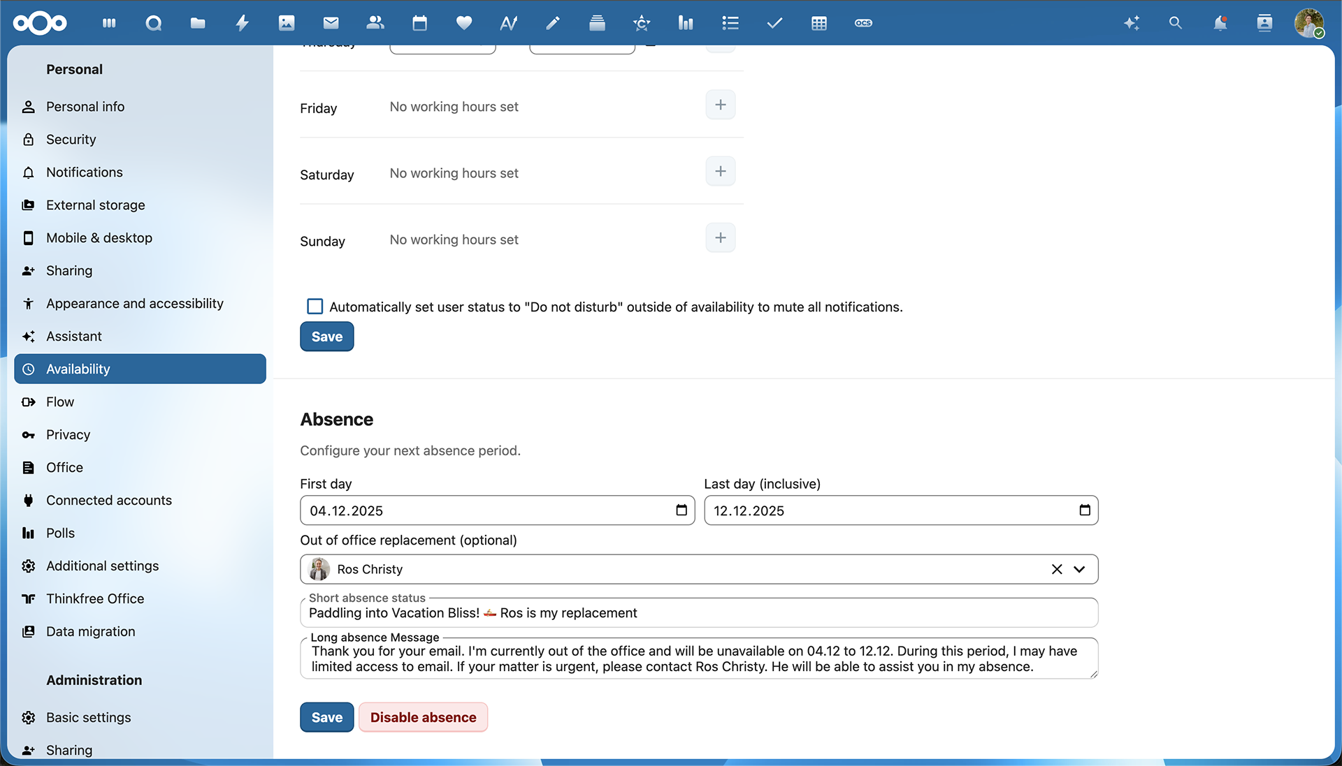 Nextcloud Hub Availability settings, Absence