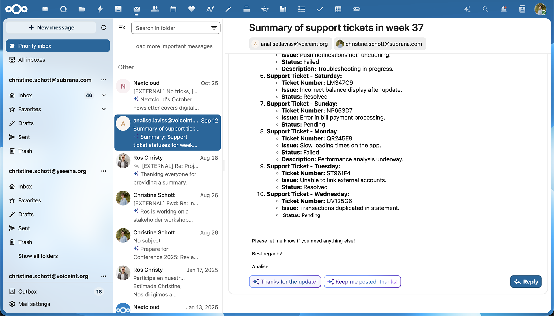 Nextcloud Mail AI suggestions