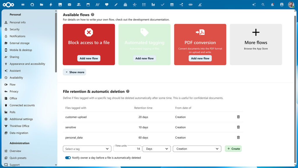 Nextcloud data retention feature