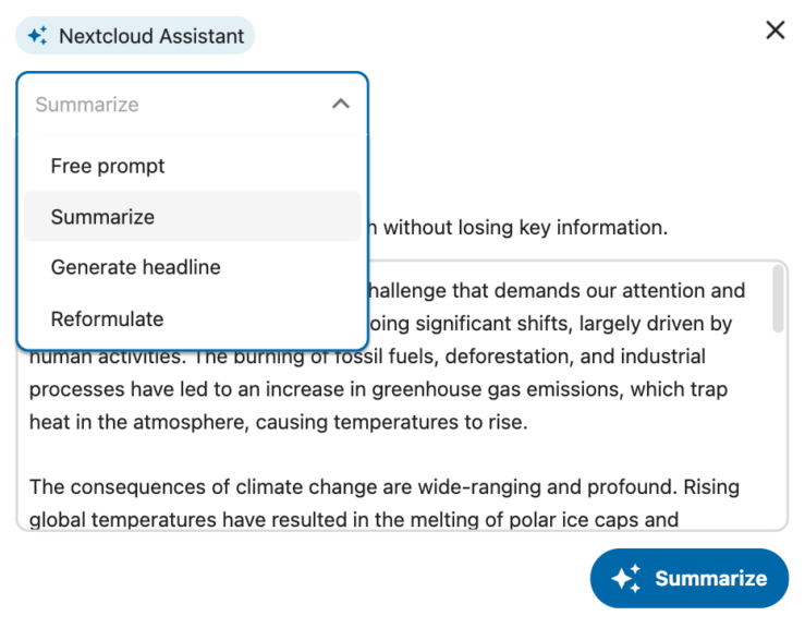Generating text summary with Nextcloud Assistant - AI-powered content collaboration tools 